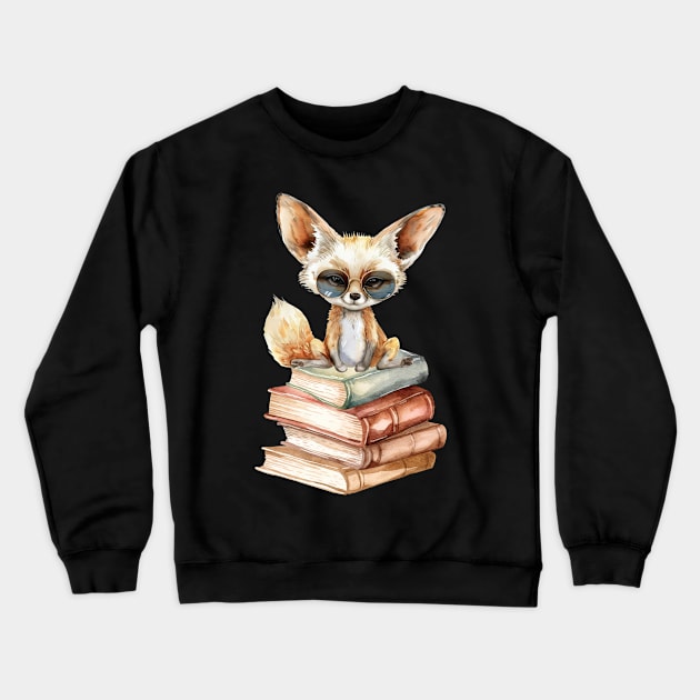 Fennec Fox And Books Crewneck Sweatshirt by The Jumping Cart